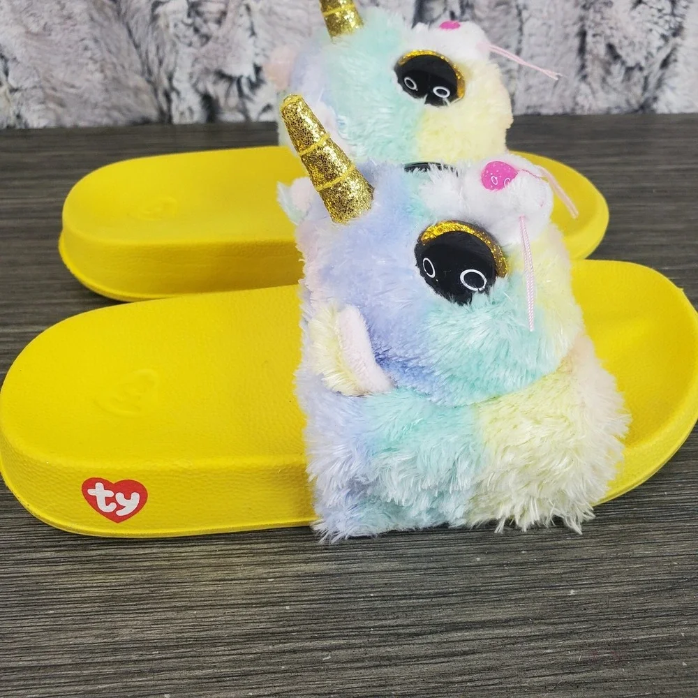 TY Heather Unicorn Kitty Slide Sandals‎ Yellow / Multicolor Youth 11-13